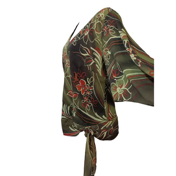 VINTAGE 90s Y2K Boho Blouse Top 14W Artsy Floral Green Brown‎ Orange V-Neck - Picture 4 of 11